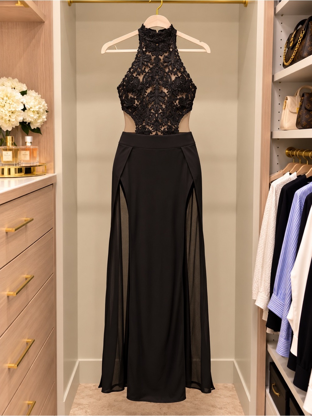 Black Lace Halter Evening Dress - Elegant Women's Gown